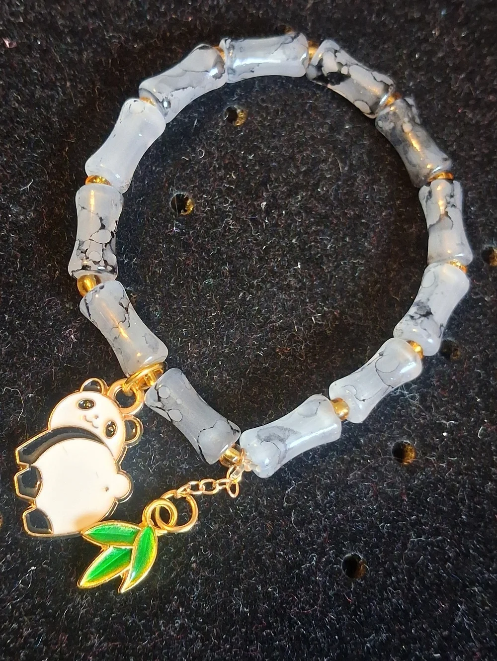 Kids Gray Marble Look Bamboo Shaped Bead Panda Charm Bracelet Goldtone Accents